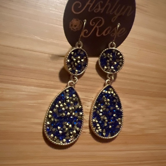 ASHLYN ROSE ROYAL BLUE And GOLD GLITTER TEAR DROP DANGLE EARRINGS - Picture 8 of 9